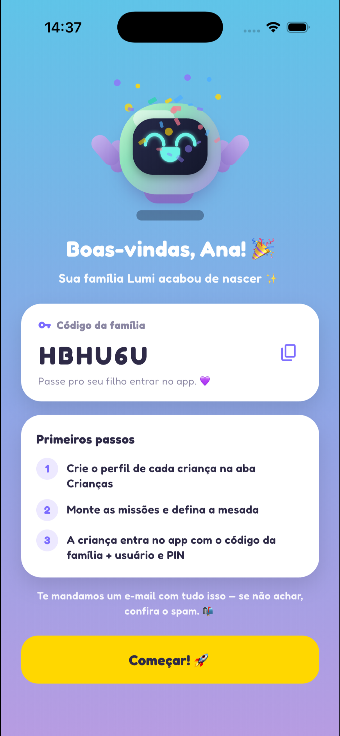 Lumi — tela de boas-vindas com código da família
