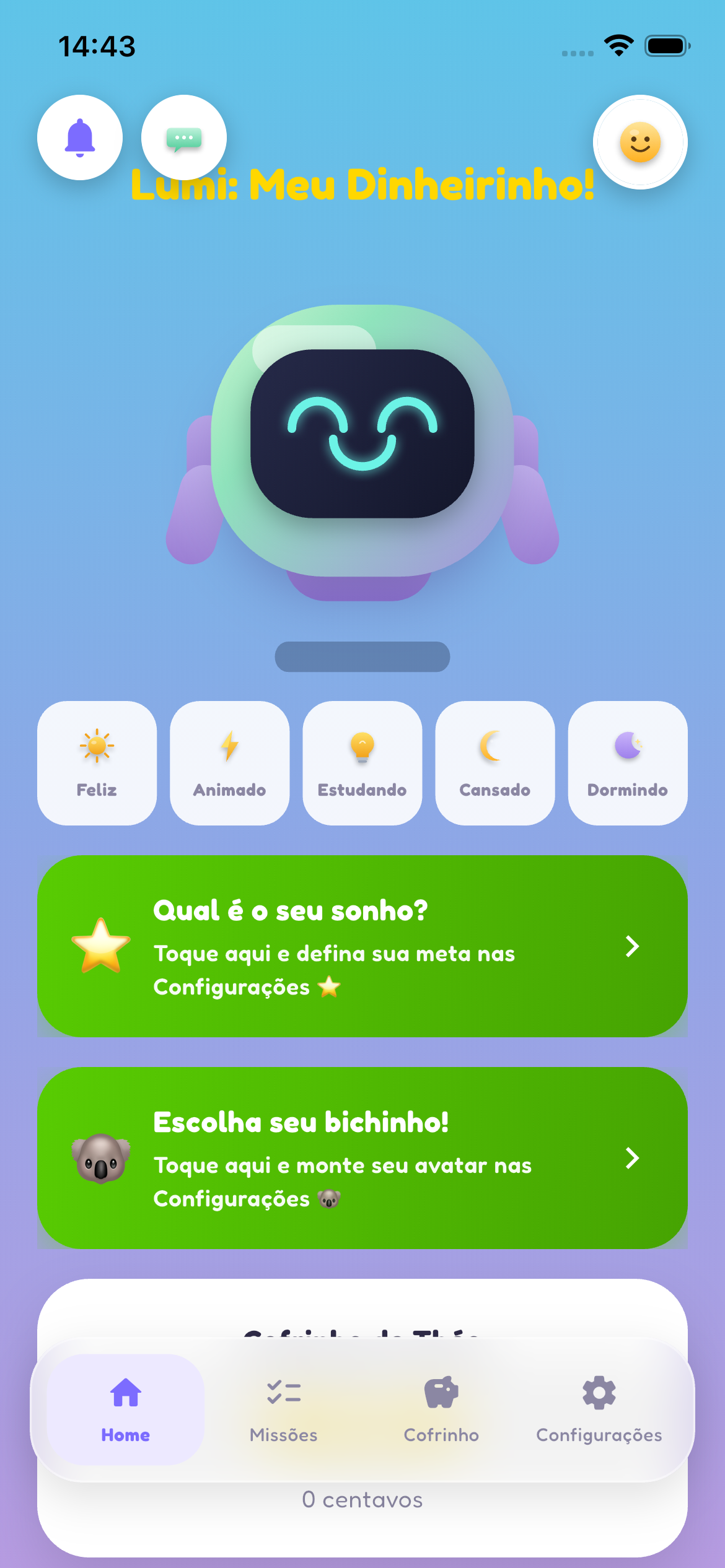 Lumi — tela inicial da criança com o mascote