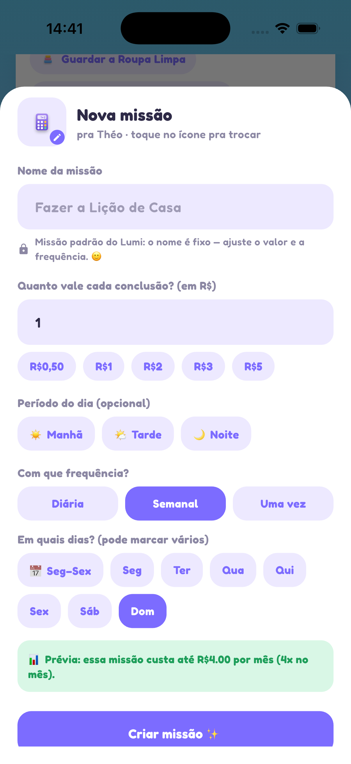 Lumi — criar missão com valor e frequência